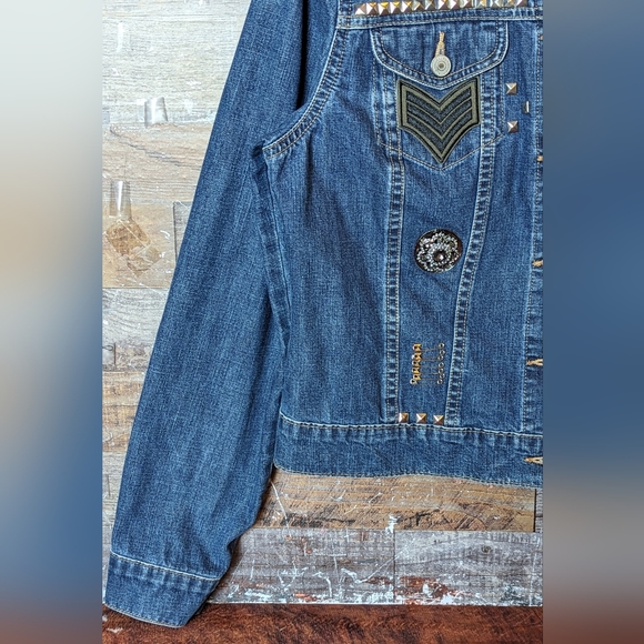 Upcycled Handcrafted Ton Of Detailed Bling Jean Jacket With Black Skull - Picture 3 of 16